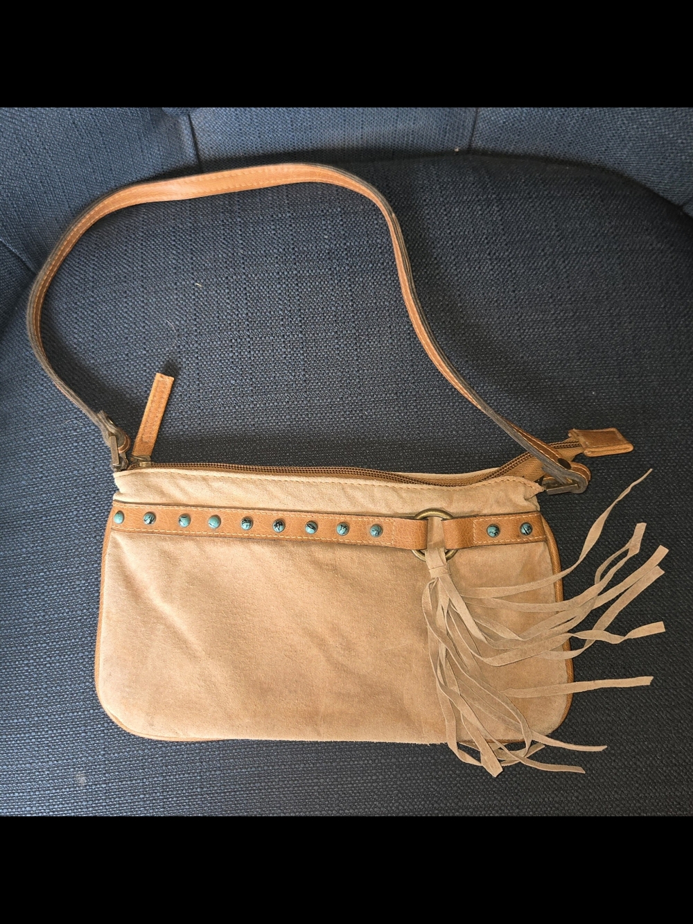 Vintage Fashion Express Tan Fringe Crossbody Bag with Turquoise Stud Accents
